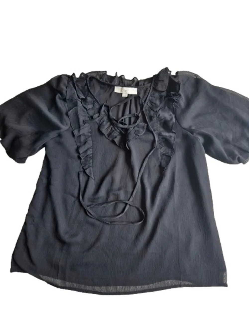 LOFT Ruffle-Neck Lace Up Puffed Short Sleeve Blouse, Small, Black